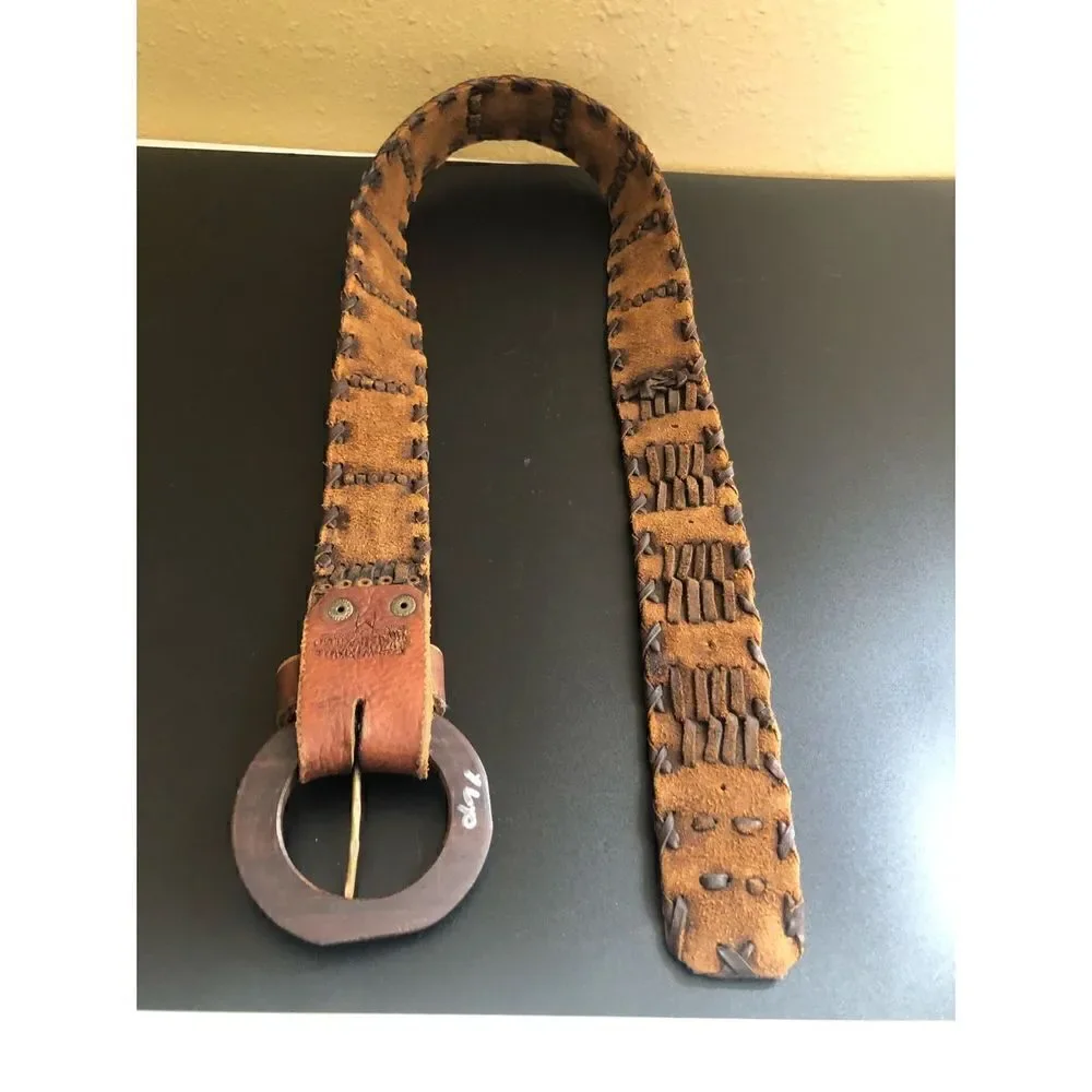 Handmade western Size M Leather Woven Belt Wood Buckle Made in Mexico